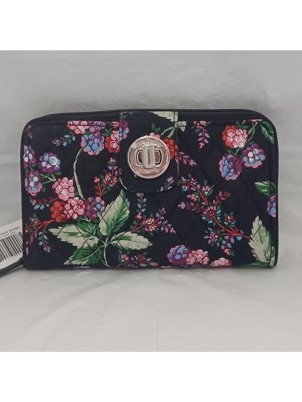 Vera Bradley Winter Berry RFID Turnlock Wallet Quilted Cotton Black Floral NWT